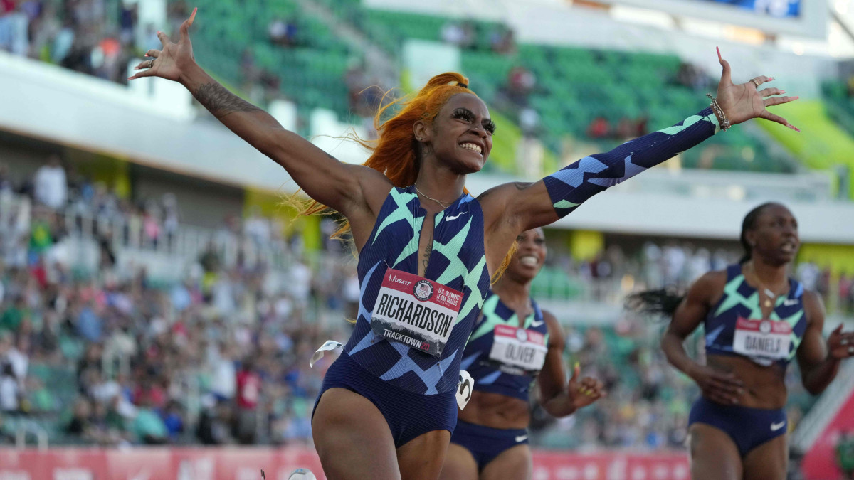 Sha'Carri Richardson celebrates after winning the women's 100m in 10.86 during the US Olympic Team Trials at Hayward Field.