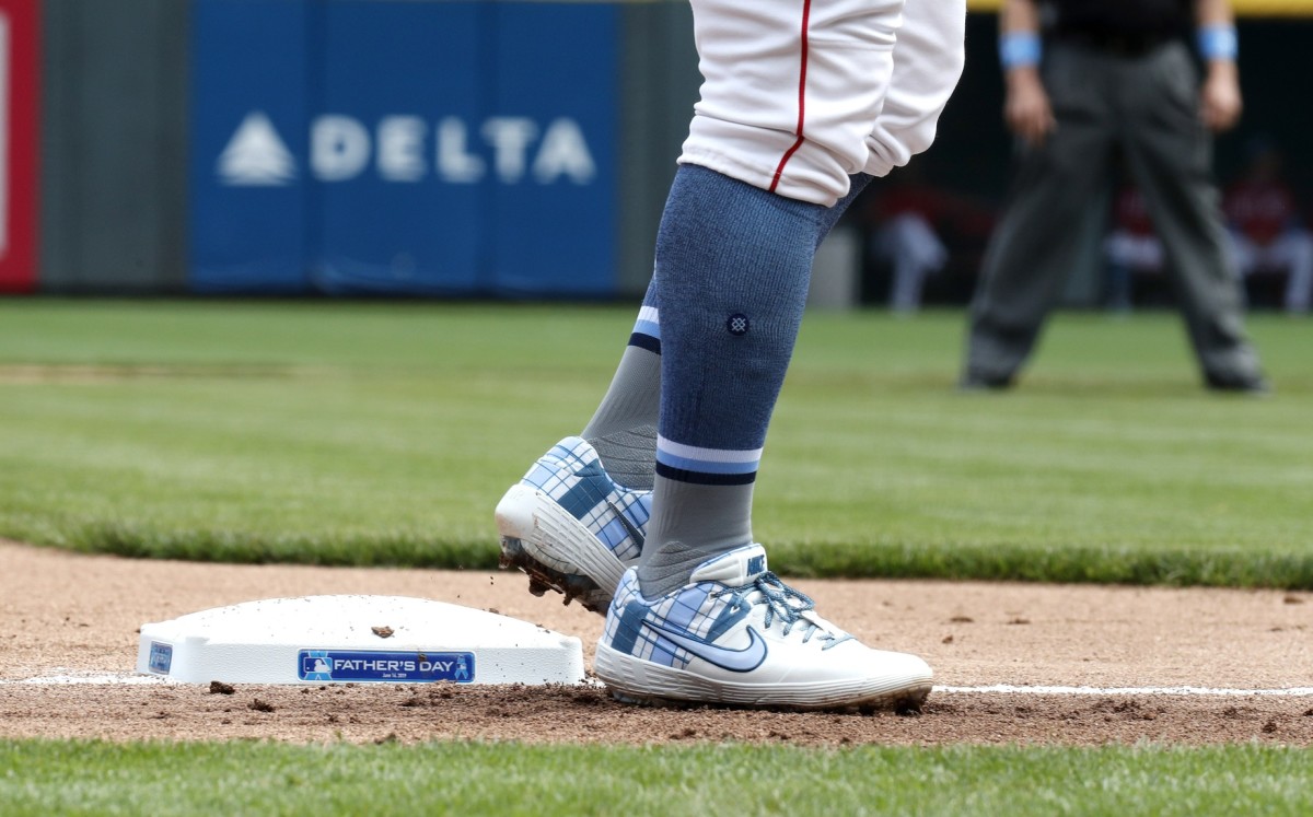 Jun 16, 2019; Cincinnati, OH, USA; A view of a Father's Day message on the third base bag in the second inning of a game between the Texas Rangers and the Cincinnati Reds at Great American Ball Park.
