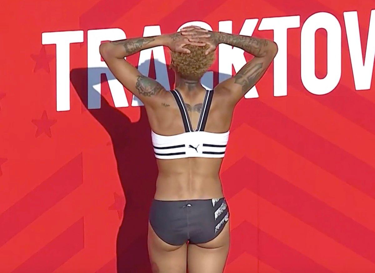 Inika McPherson shows frustration after missing her third attempt at 6-5.