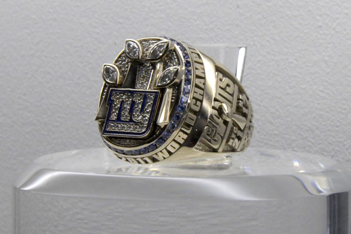 Feb 2, 2019; Atlanta, GA, USA; Detailed view of Super Bowl XLVI ring to commemorate the New York Giants 21-17 victory over the New England Patriots at Lucas Oil Stadium in Indianapolis, Ind. on Feb 15, 2012.