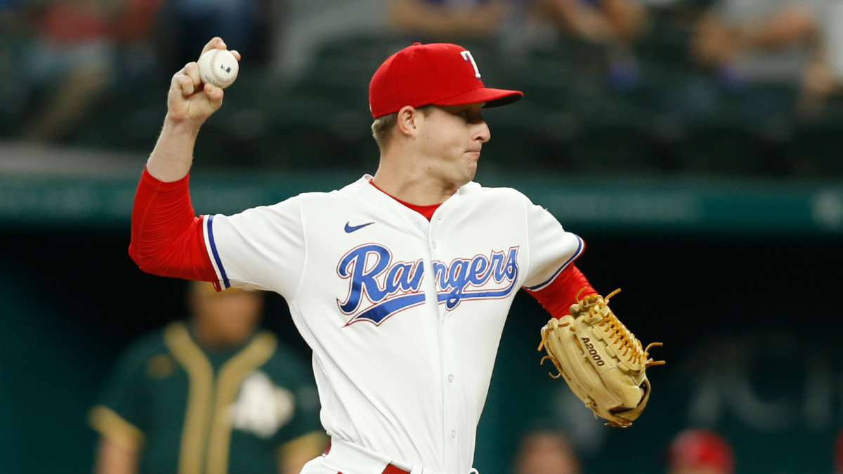 Jun 22, 2021; Arlington, Texas, USA; Texas Rangers relief pitcher Brett de Geus (56) pitches in the first inning against the Oakland Athletics at Globe Life Field.