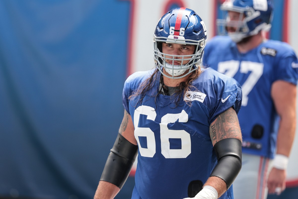 Sep 3, 2020; East Rutherford, New Jersey, USA; New York Giants guard Shane Lemieux (66) during the Blue-White Scrimmage at MetLife Stadium.