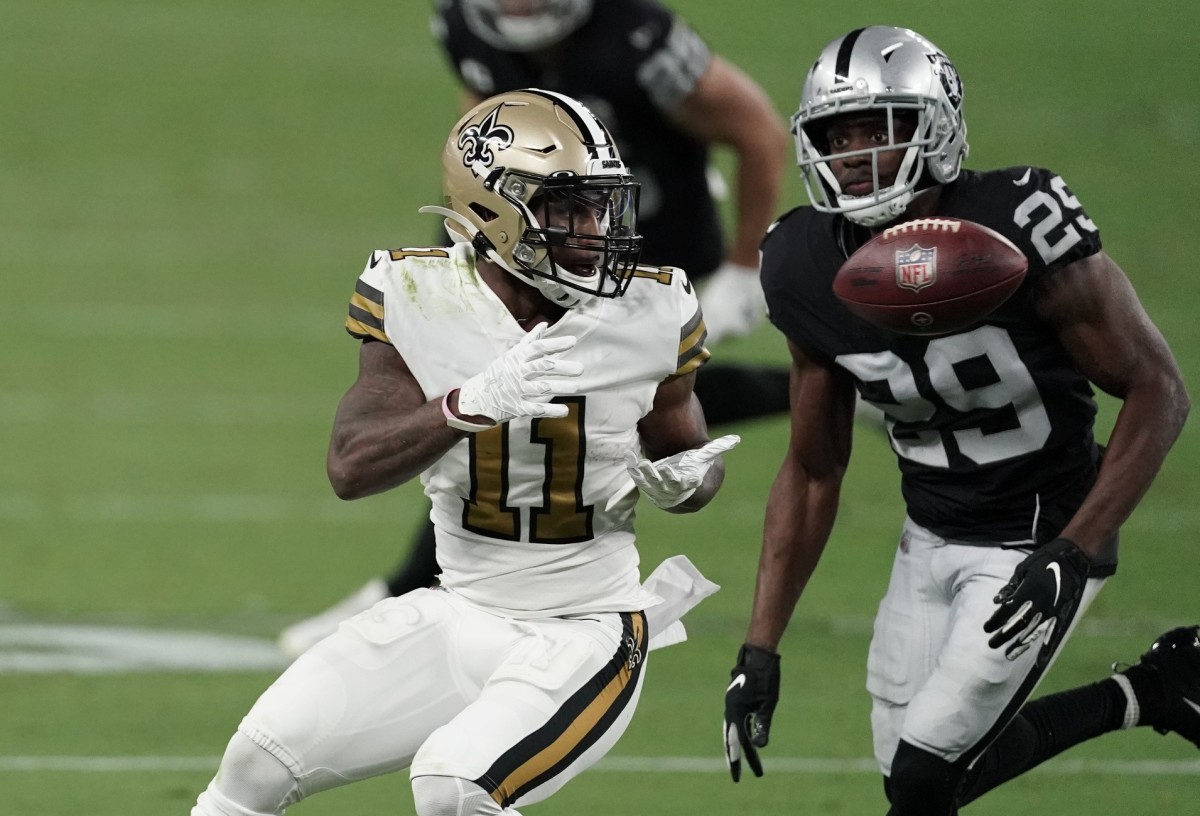 Sep 21, 2020; Paradise, Nevada, USA; New Orleans Saints wide receiver Deonte Harris (11) catches a pass against Las Vegas Raiders free safety Lamarcus Joyner (29) during the fourth quarter of a NFL game at Allegiant Stadium. Mandatory Credit: Kirby Lee-USA TODAY Sports