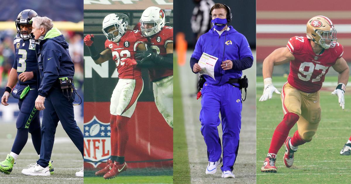 Russel Wilson, Pete Carrol, Budda Baker, Sean McVay and Nick Bosa sum up the current stars of the NFC West. Picture for the MMQB NFL Podcast on 28 Jun, 2021