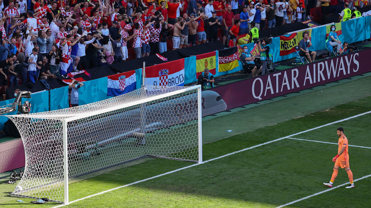 Spain goalkeeper Unai Simon walks back to his net after an own goal vs Croatia at Euro 2020