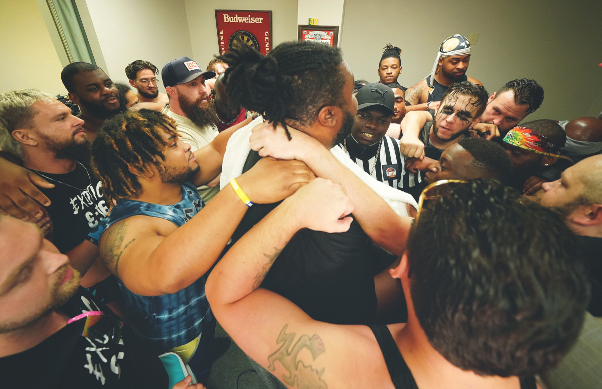 Ehren Black (center) leads GIPW's locker room speech on June 27 in Warner Robins, Ga.