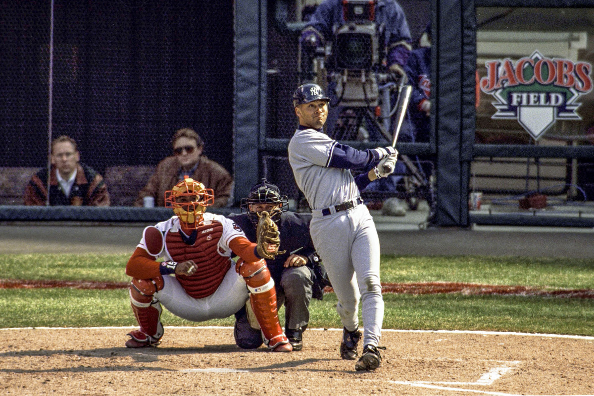 Derek Jeter hits a home run on Opening Day in 1996 at Jacobs Field in Cleveland.