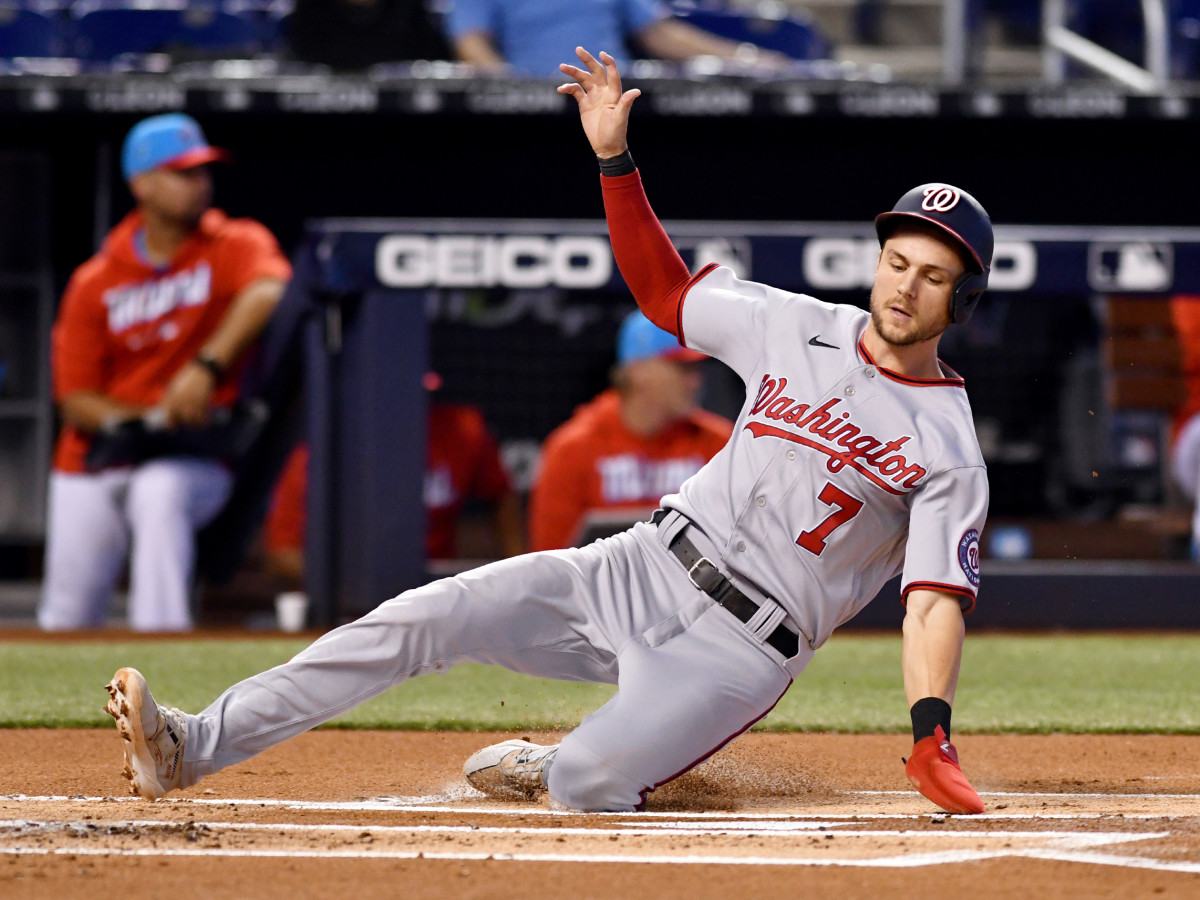 Jun 26, 2021; Miami, Florida, USA; Washington Nationals shortstop Trea Turner (7) scores a run in the first inning against the Miami Marlins at loanDepot Park.