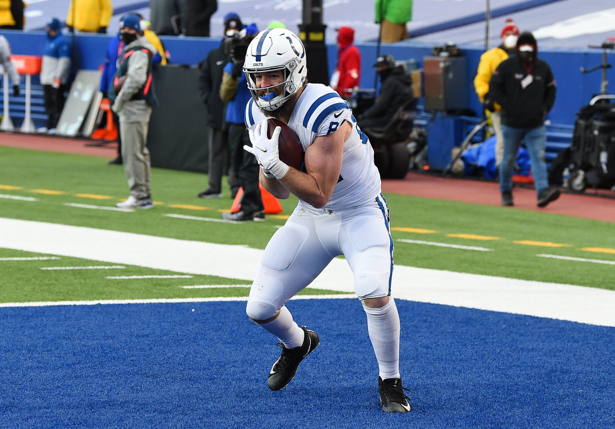 Jan 9, 2021; Orchard Park, New York, USA; Indianapolis Colts tight end Jack Doyle (84) catches a pass for a touchdown against the Buffalo Bills during the second half in the AFC Wild Card game at Bills Stadium.