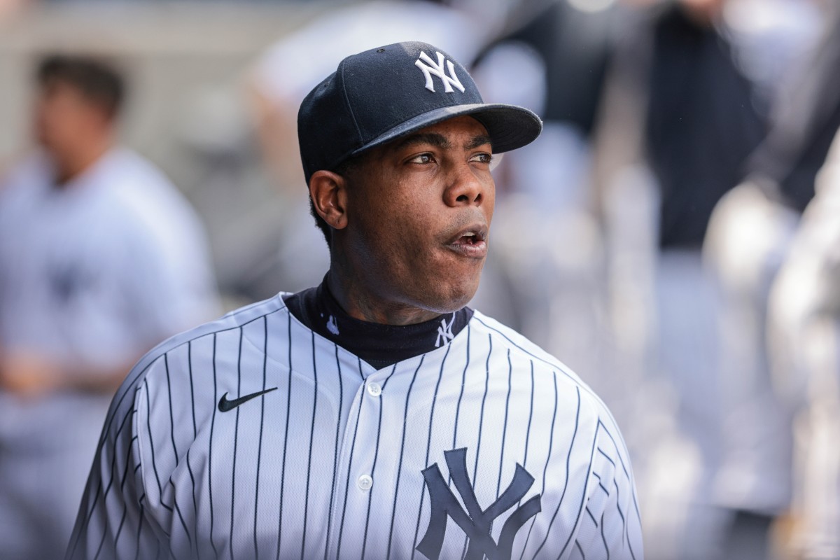 Yankees closer Aroldis Chapman in dugout