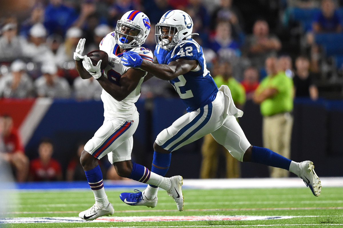 Aug 8, 2019; Orchard Park, NY, USA; Buffalo Bills wide receiver Isaiah McKenzie (19) catches a pass against Indianapolis Colts defensive back Rolan Milligan (42) during the third quarter at New Era Field.