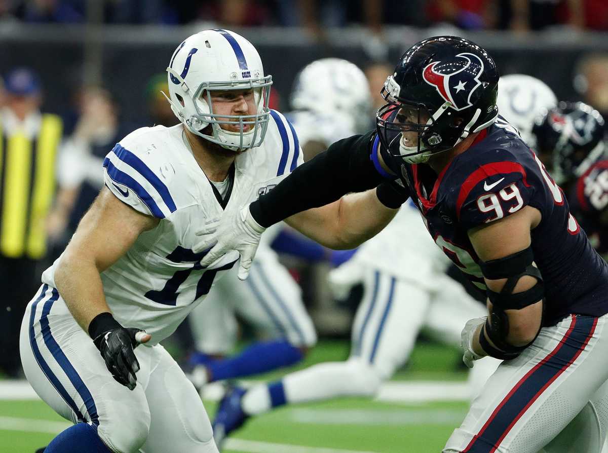 Indianapolis Colts offensive tackle Braden Smith (72) battles Houston Texans defensive end J.J. Watt (99) during their AFC Wild Card playoff game at NRG Stadium in Houston, TX., on Saturday, Jan. 5, 2019. Indianapolis Colts Play At Houston Texans