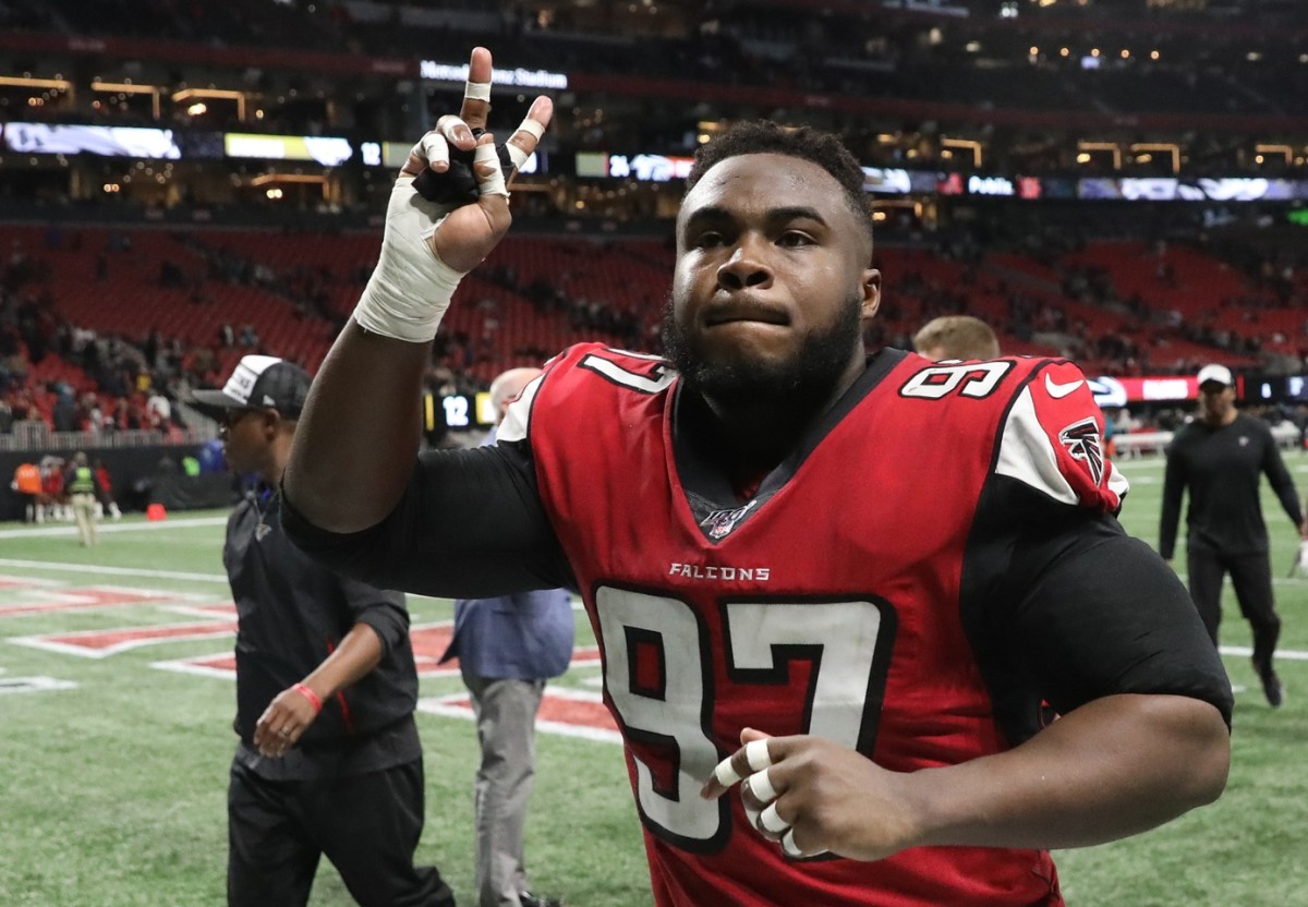 Atlanta Falcons defensive tackle Grady Jarrett #97 during pregame before  the game against the Los Angeles Chargers…