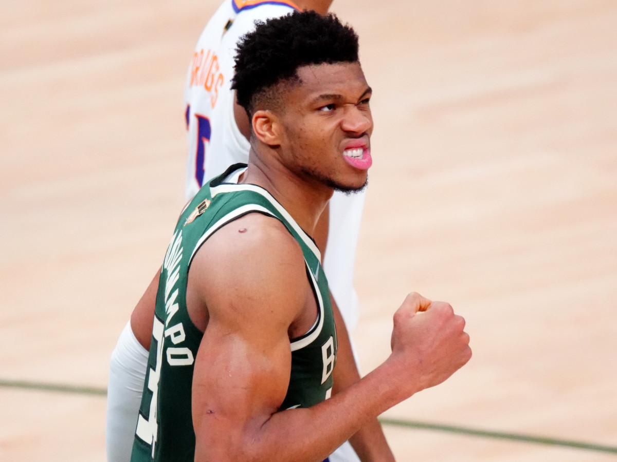 Giannis pumps his fist in Game 3 of 2021 NBA Finals