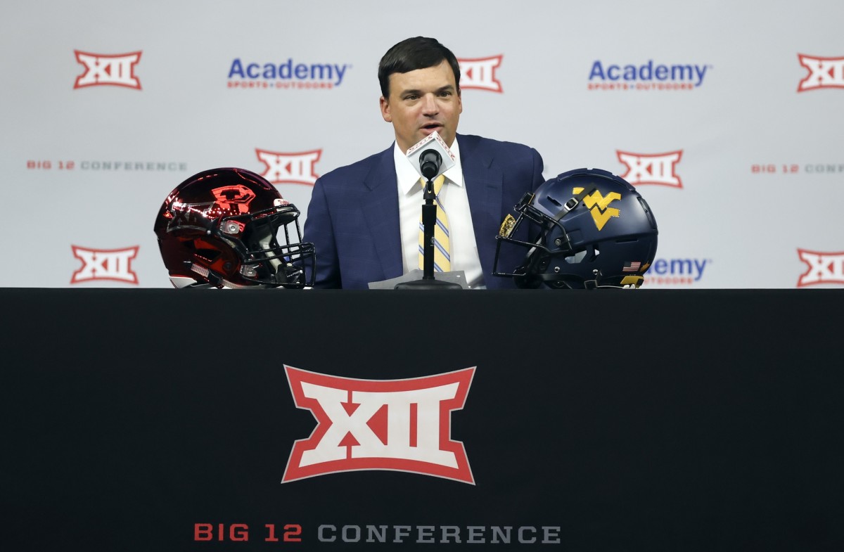 Jul 14, 2021; Arlington, TX, USA; West Virginia Mountaineers head coach Neal Brown speaks to the media during Big 12 media days at AT&T Stadium.