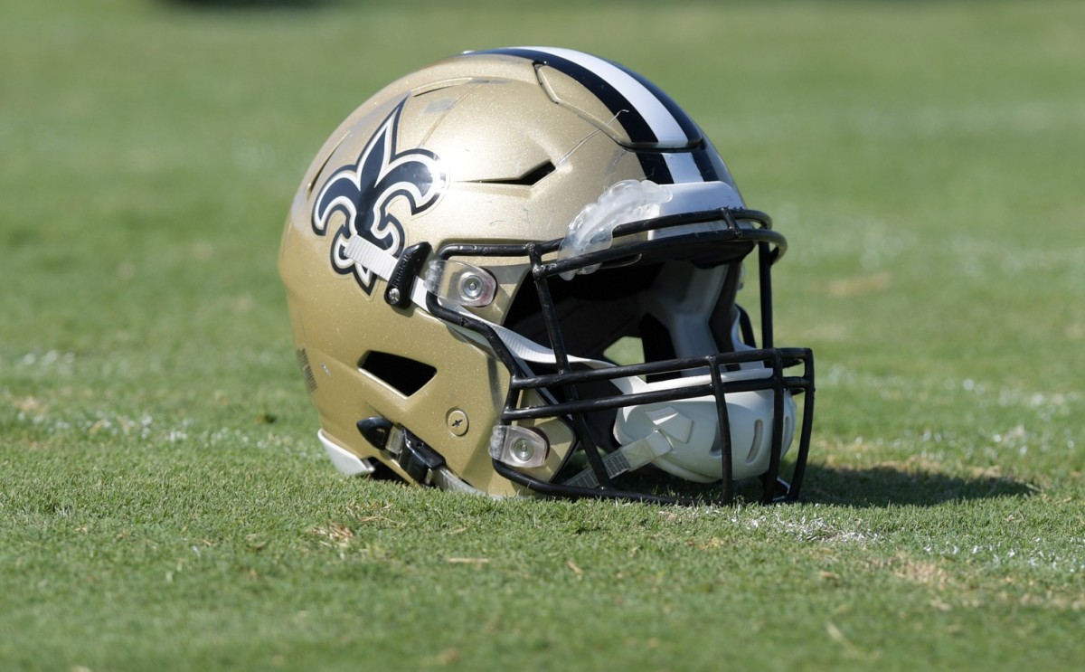 Aug 23, 2018; Costa Mesa, CA, USA: Detailed view of New Orleans Saints helmets during joint practice against the Los Angeles Chargers at the Jack. R. Hammett Sports Complex.