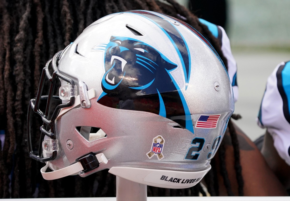 Nov 8, 2020; Kansas City, Missouri, USA; A general view of a Carolina Panthers helmet during the first half against the Kansas City Chiefs at Arrowhead Stadium.