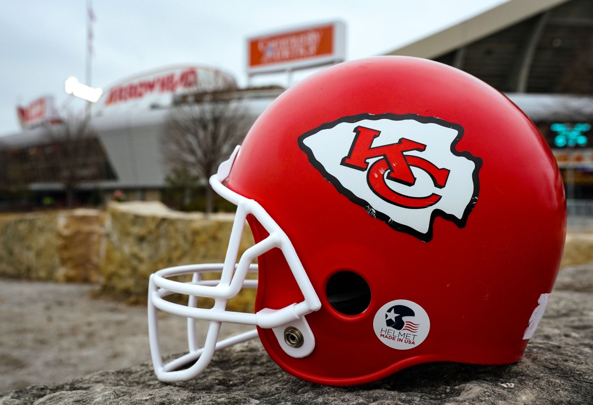 Jan 24, 2021; Kansas City, Missouri, USA; A general view of a Kansas City Chiefs helmet before the AFC Championship Game against the Buffalo Bills at Arrowhead Stadium.
