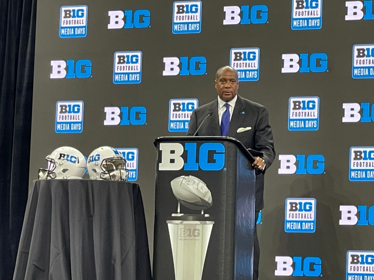 Big Ten Commissioner Kevin Warren addresses the media from Lucas Oil Stadium during Big Ten Media Days.