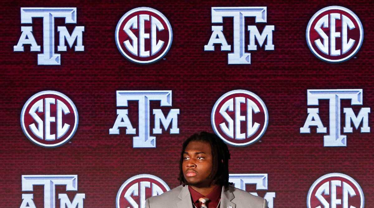 Texas A&M offensive lineman Kenyon Green takes questions on stage in the Hyatt Regency during SEC Media Days in Hoover, Ala., Wednesday, July 21, 2021.