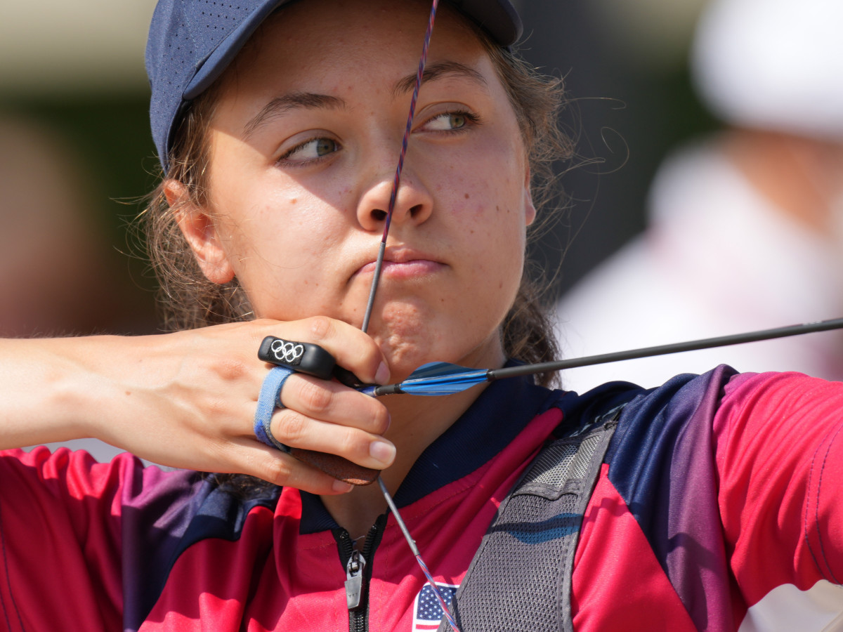 Jennifer Mucino-Fernandez (USA) competes in the archery ranking round during the Tokyo 2020 Olympic Summer Games at Yumenoshima Archery Field.