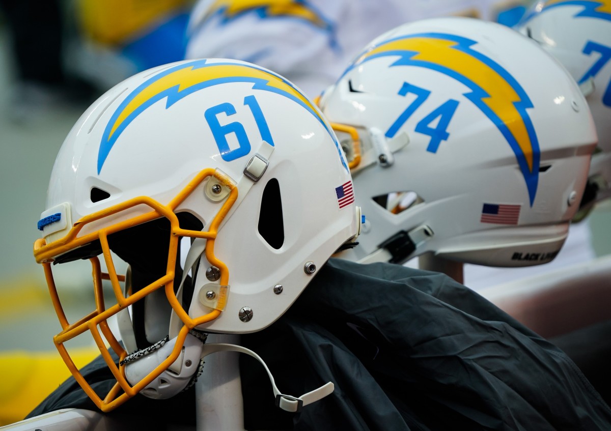 Jan 3, 2021; Kansas City, Missouri, USA; A detailed view of Los Angeles Chargers helmets during the first half against the Kansas City Chiefs at Arrowhead Stadium.