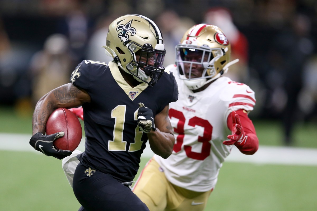 New Orleans Saints receiver Deonte Harris (11) returns a kickoff as San Francisco safety Tarvarius Moore (33) chases. Mandatory Credit: Chuck Cook-USA TODAY Sports