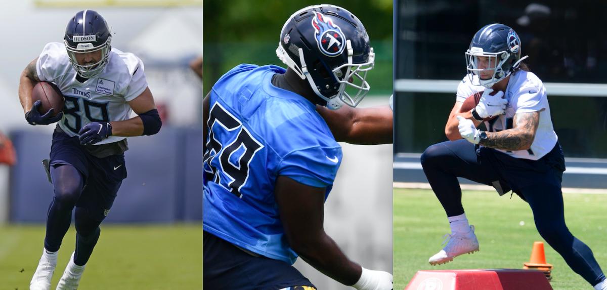 Tennessee Titans players Tommy Hudson (left), NaQuan Jones (center) and Tory Carter (right).