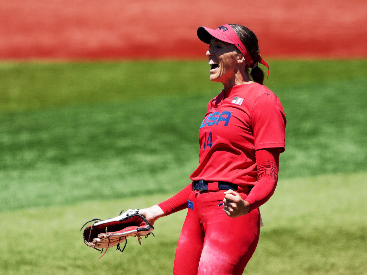 Jul 25, 2021; Yokohama, Japan; Team United States starting pitcher Monica Abbott (14) celebrates after a strike out in the sixth inning with bases loaded against Australia during the Tokyo 2020 Olympic Summer Games at Yokohama Baseball Stadium.