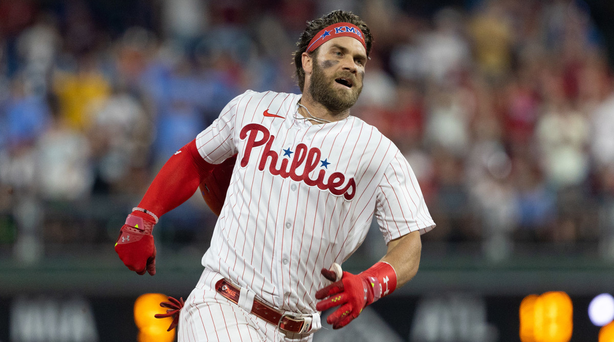 Jul 27, 2021; Philadelphia, Pennsylvania, USA; Philadelphia Phillies right fielder Bryce Harper (3) runs the bases on his way to an inside the park home run against the Washington Nationals during the fifth inning at Citizens Bank Park.