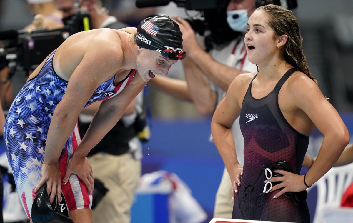 Katie Ledecky (left) and Katie McLaughlin after a second-place finish. Photo by Grace Hollars, USA Today