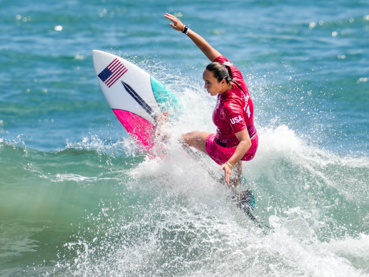 Carissa Moore (USA) surfs in women s round 1 competition during the Tokyo 2020 Olympic Summer Games at Tsurigasaki Surfing Beach.