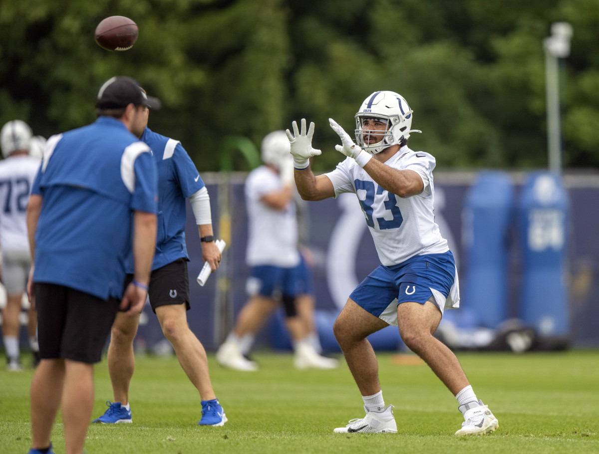 Jul 29, 2021; Westfield, IN, United States; Indianapolis Colts tight end Kylen Granson (83) at Grand Park.