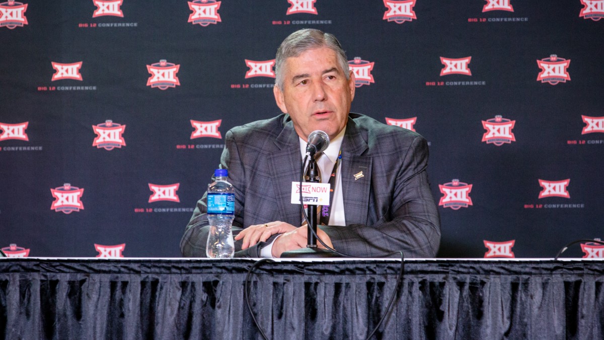 Big 12 commissioner Bob Bowlsby at a press conference "pictured here" 