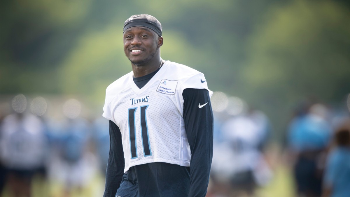 Tennessee Titans wide receiver A.J. Brown (11) smiles during a training camp practice at Saint Thomas Sports Park Thursday, July 29, 2021 in Nashville, Tenn.