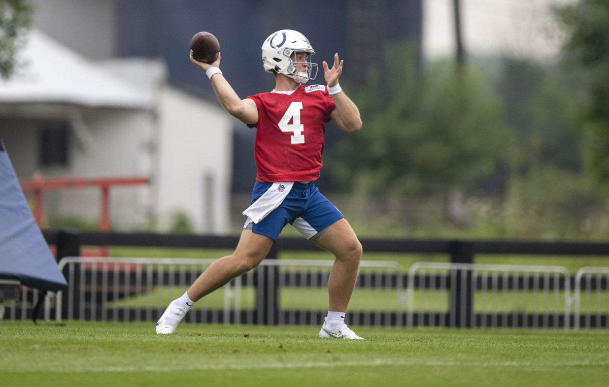 Jul 29, 2021; Westfield, IN, United States; Indianapolis Colts quarterback Sam Ehlinger (4) at Grand Park.