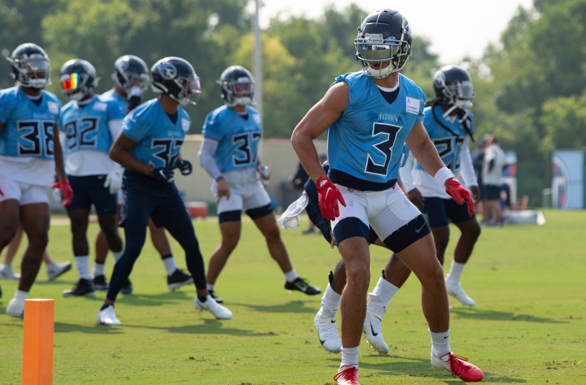 Tennessee Titans cornerback Caleb Farley (3) warms up during a training camp practice at Saint Thomas Sports Park Monday, Aug. 2, 2021 in Nashville, Tenn.
