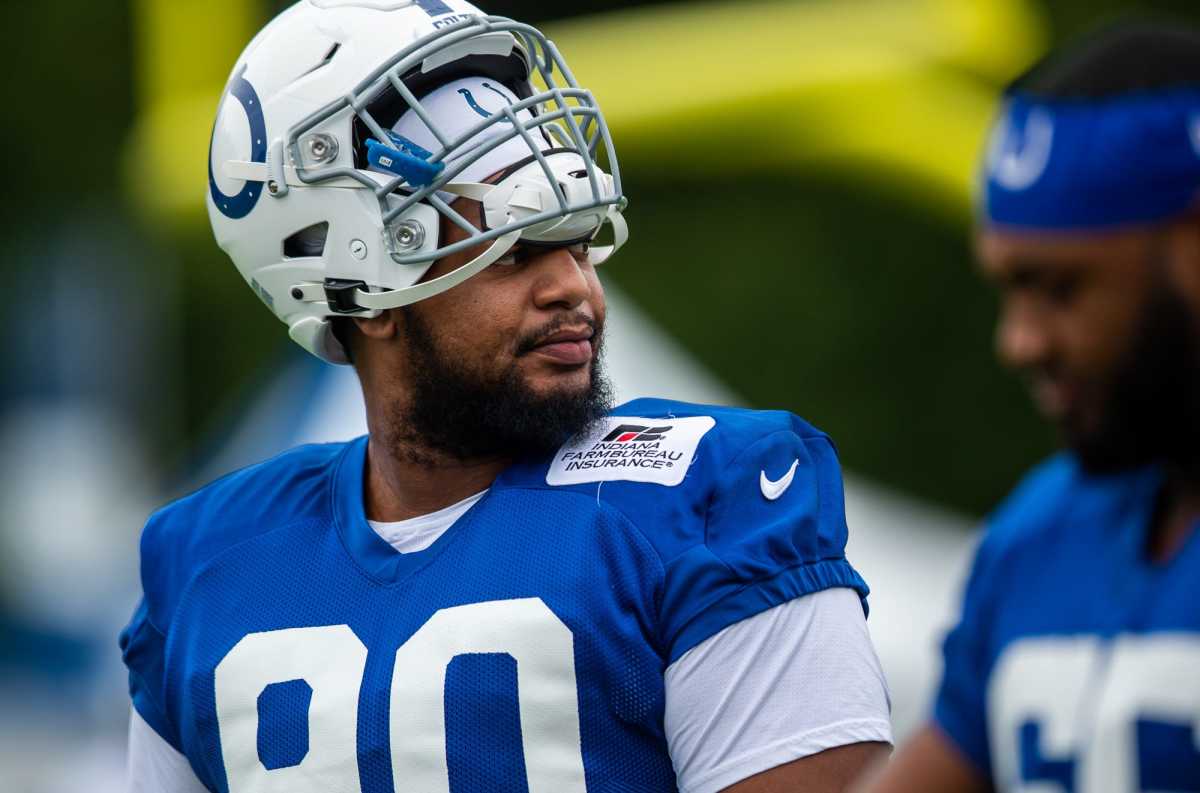 Indianapolis Colts defensive tackle Grover Stewart (90) prepares to line up to stretch Saturday, July 31, 2021. during practice.