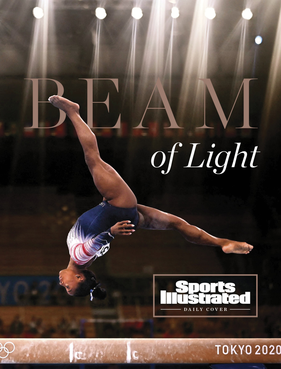 Simone Biles in the air on balance beam with the text Beam of Light
