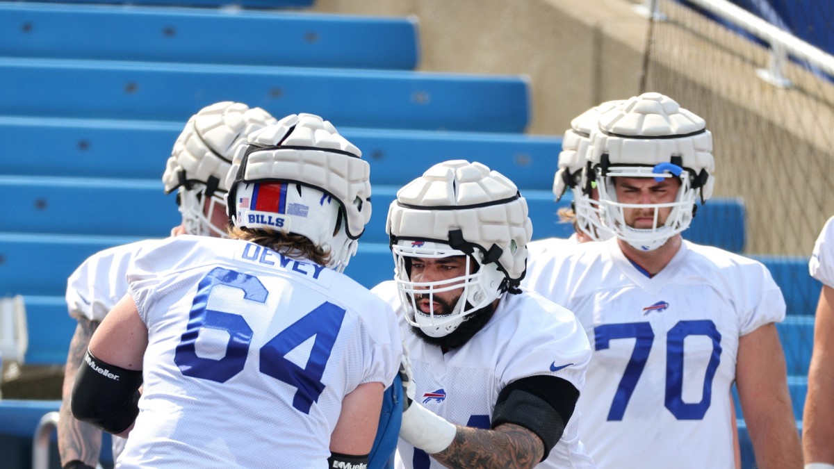 Bills players wear Guardian Caps over helmets during recent practice.