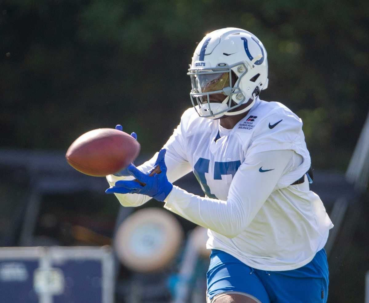 Indianapolis Colts tight end Jordan Thomas (47) at Grand Park in Westfield on Monday, August 2, 2021, on the second week of workouts of this summer's Colts training camp. Head Coach Frank Reich reappeared at practice after being away for ten days after a COVID-19 positive test. Colts Get Their Coach Back On Week Two Of Colts Camp