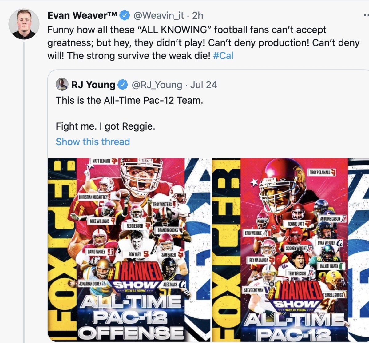 Evan Weaver's response to being named to the All-Time Pac-12 Tea