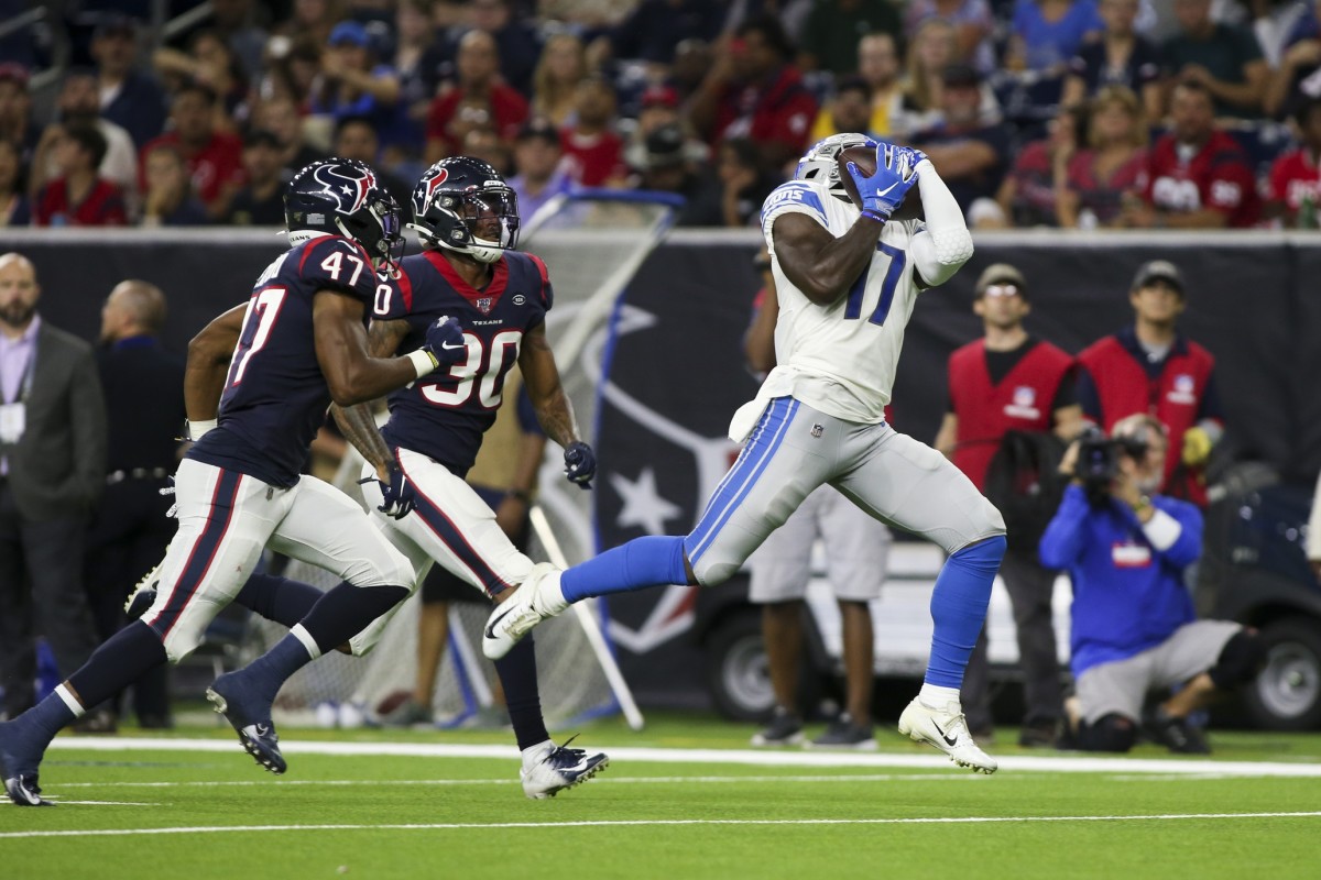 Aug 17, 2019; Houston, TX, USA; Detroit Lions wide receiver Andy Jones (17) catches a pass during the third quarter against the Houston Texans at NRG Stadium.