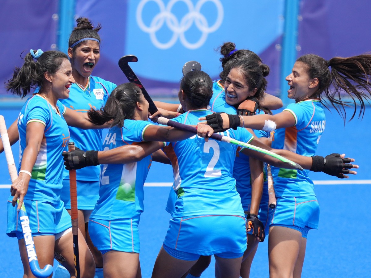 Players of India celebrate after the women's quarterfinal of hockey between Australia and India at the Tokyo 2020 Olympic Games in Tokyo, Japan, Aug. 2, 2021.