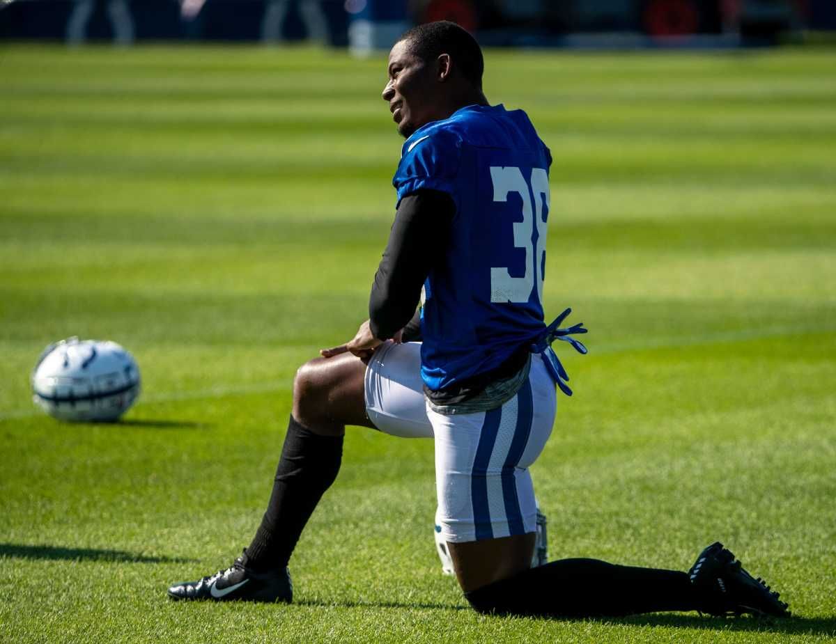 Indianapolis Colts defensive back T.J. Carrie (38) warms up at Grand Park in Westfield on Monday, August 2, 2021, on the second week of workouts of this summer's Colts training camp. Head Coach Frank Reich reappeared at practice after being away for ten days after a COVID-19 positive test. Colts Get Their Coach Back On Week Two Of Colts Camp