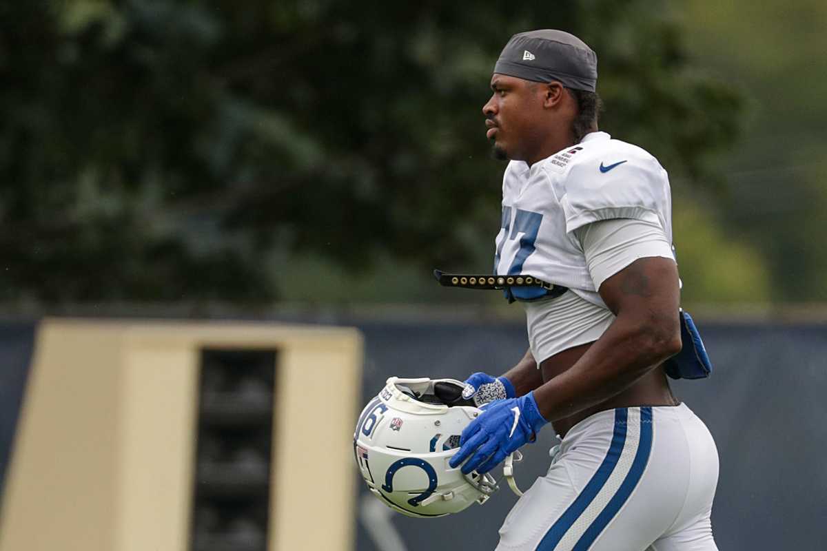 Indianapolis Colts defensive end Al-Quadin Muhammad (97) runs across the practice field at the Indiana Farm Bureau Football Center on Tuesday, Sept. 1, 2020. Indianapolis Colts Practice At Indiana Farm Bureau Football Center Complex On Tuesday Sept 1 2020