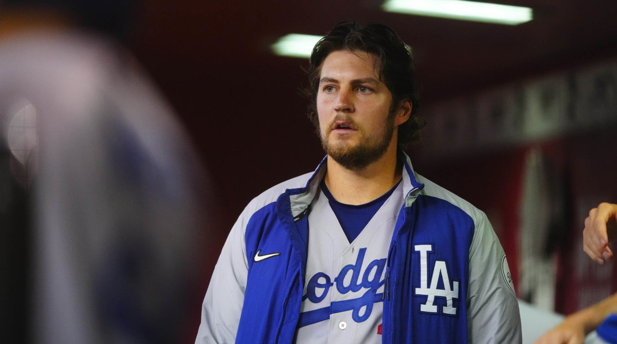 Jun 18, 2021; Phoenix, Arizona, USA; Los Angeles Dodgers pitcher Trevor Bauer against the Arizona Diamondbacks at Chase Field.