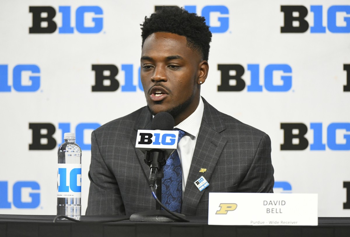 Jul 23, 2021; Indianapolis, Indiana, USA; Purdue Boilermakers wide receiver David Bell speaks to the media during Big 10 media days at Lucas Oil Stadium.