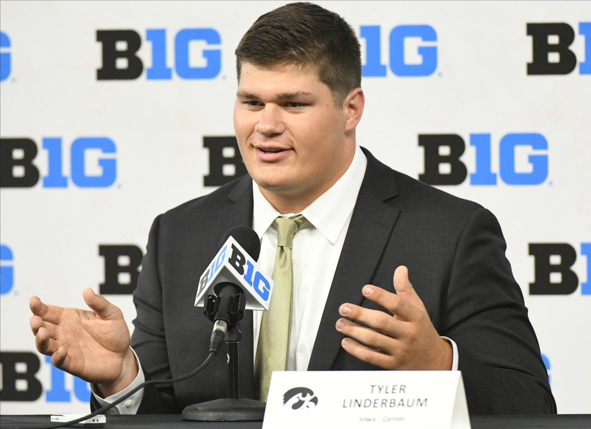 Jul 23, 2021; Indianapolis, Indiana, USA; Iowa Hawkeyes center Tyler Linderbaum speaks to the media during Big 10 media days at Lucas Oil Stadium.