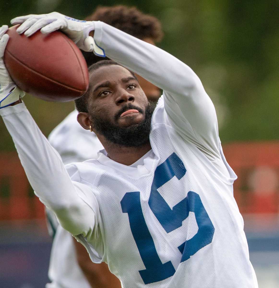 Indianapolis Colts wide receiver J.J. Nelson (15) at the start of practice at Grand Park in Westfield on Thursday, July 29, 2021, on the second full day of workouts of this summer's Colts training camp. Colts Camp Revs Up